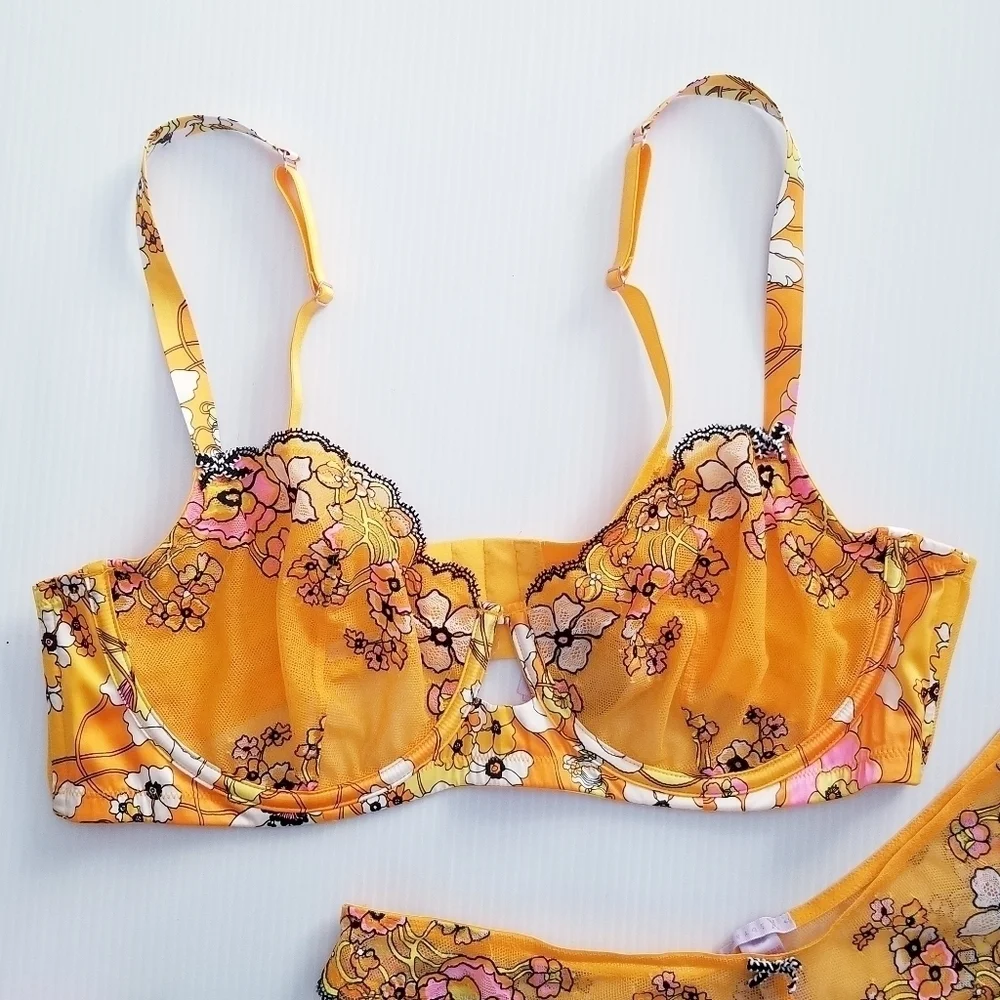 SAVAGE X FENTY Mod Poppy Bra & Panty Set 40D 1X Orange 🍊 Floral Lace